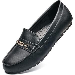 DeYashopin Womens Size 7 Black Faux Leather Gold Buckle Slip On Loafer Shoes